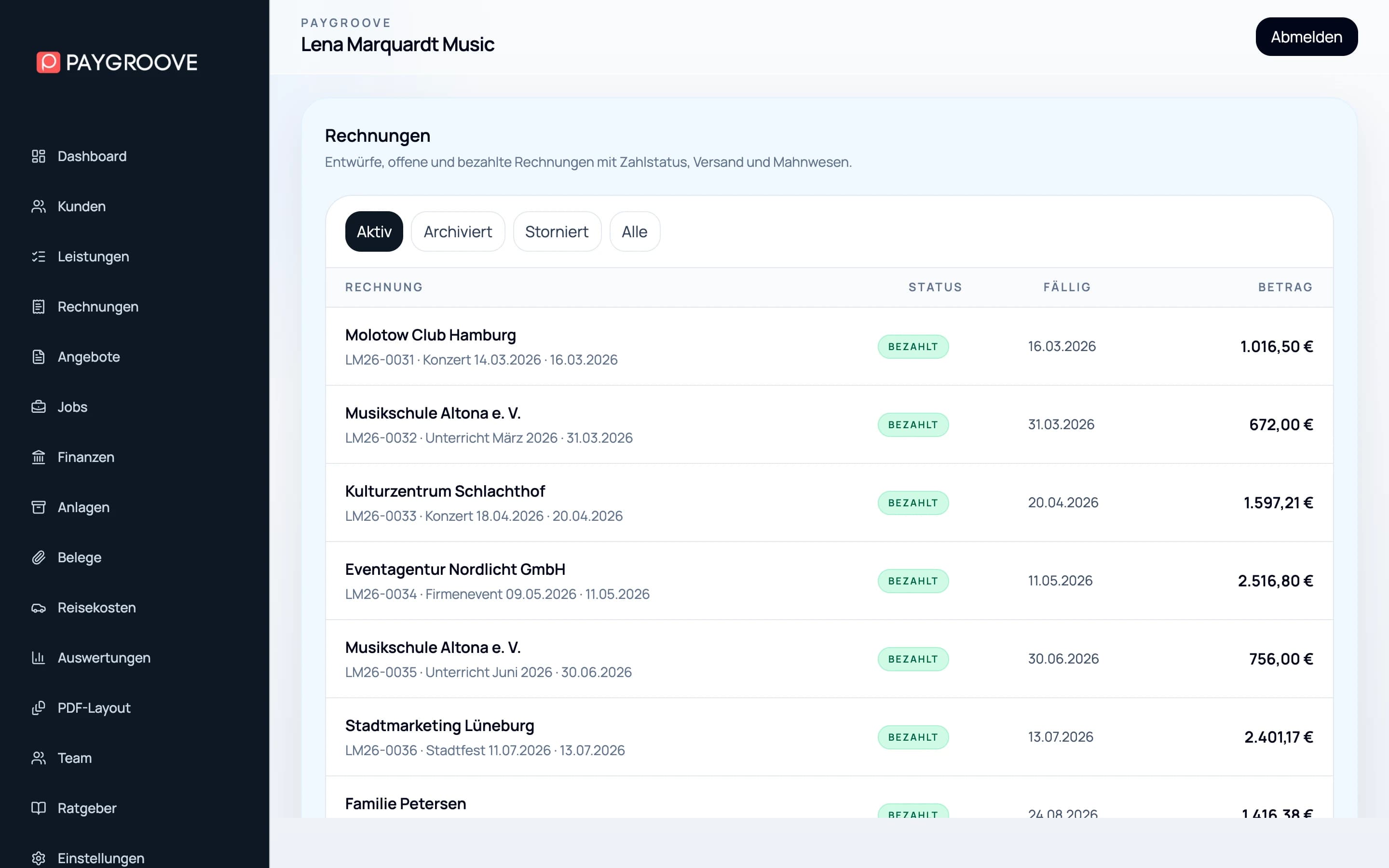 Rechnungsübersicht in paygroove
